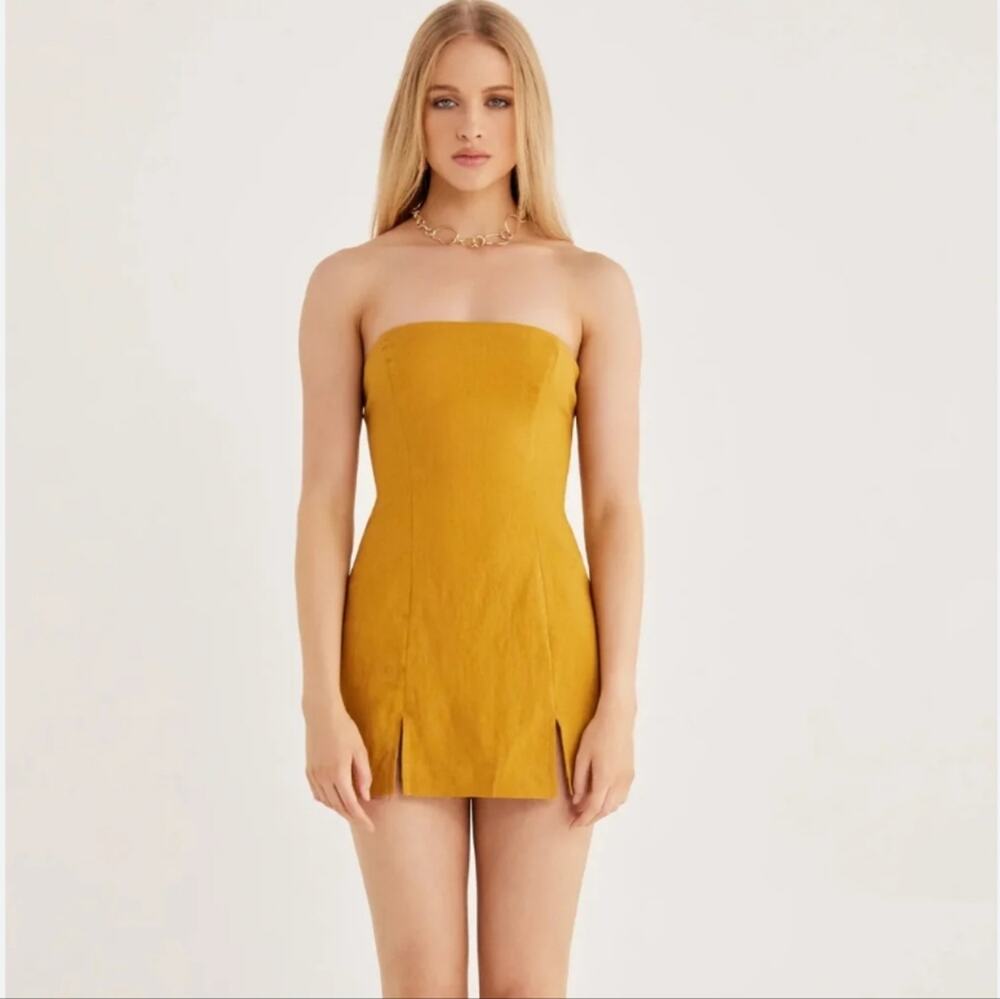 Rumer The Label Harper Yellow Linen Strapless Mini Dress Small NWT
